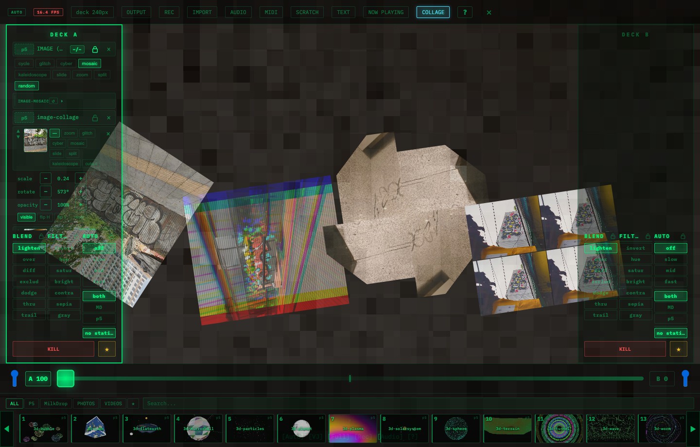 Cockpit showing several photos arranged as collage elements with per-image effects and transform controls