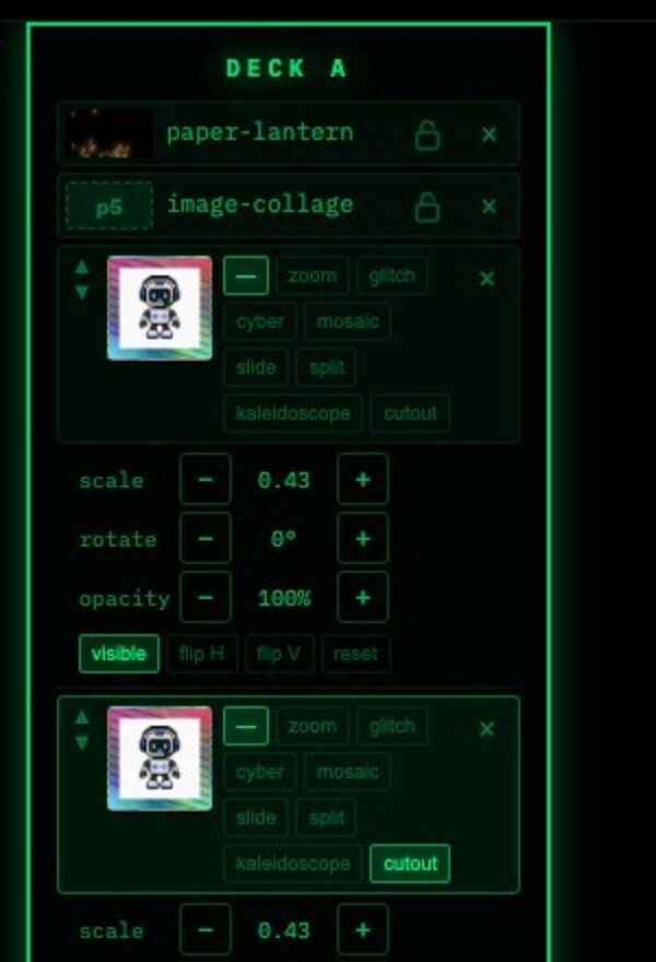 Cropped Deck A collage controls showing per-image effect, cutout, scale, rotate, opacity, visible, flip, and reset controls