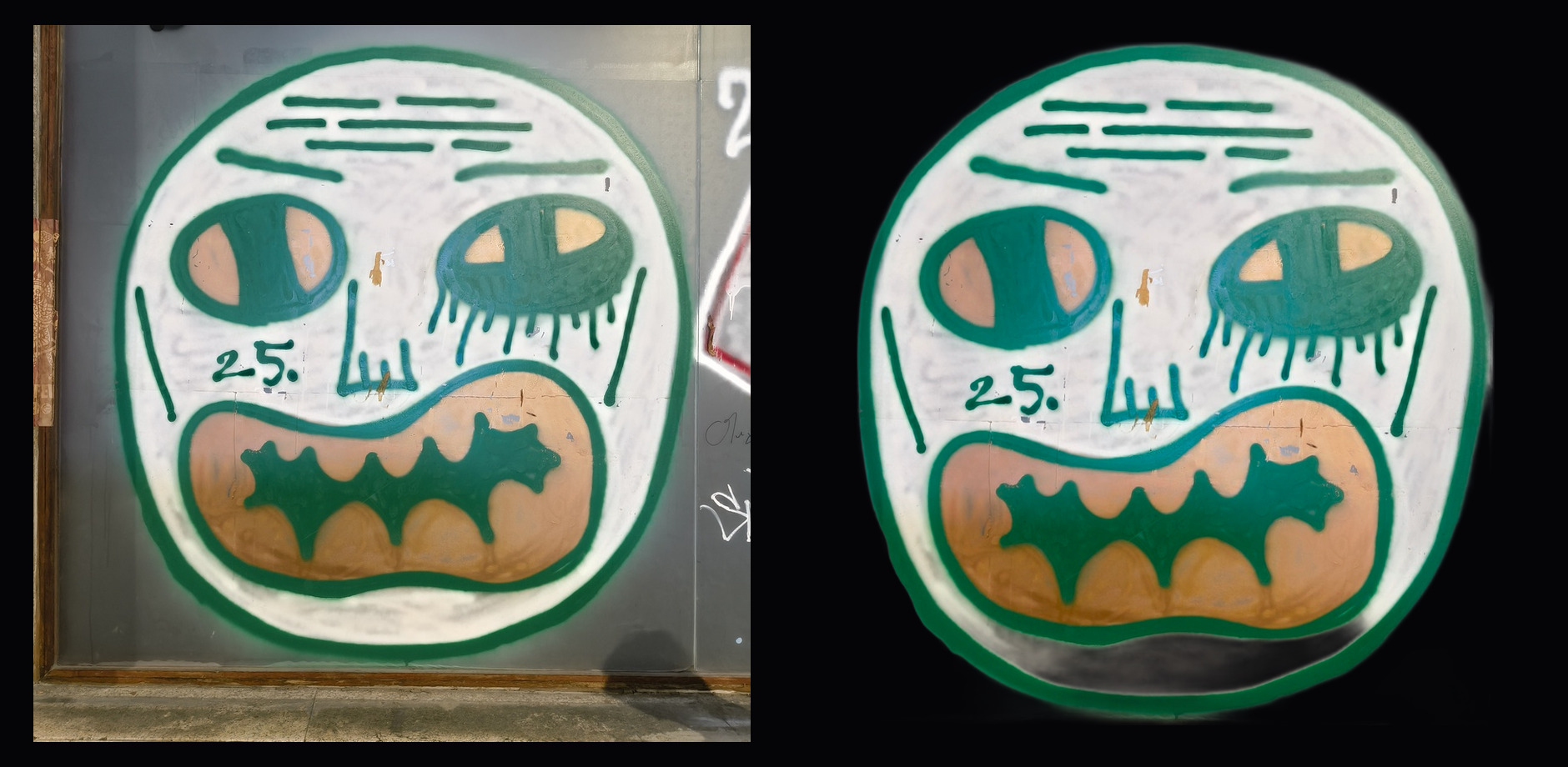 Before and after comparison of a wall mural face with the background removed