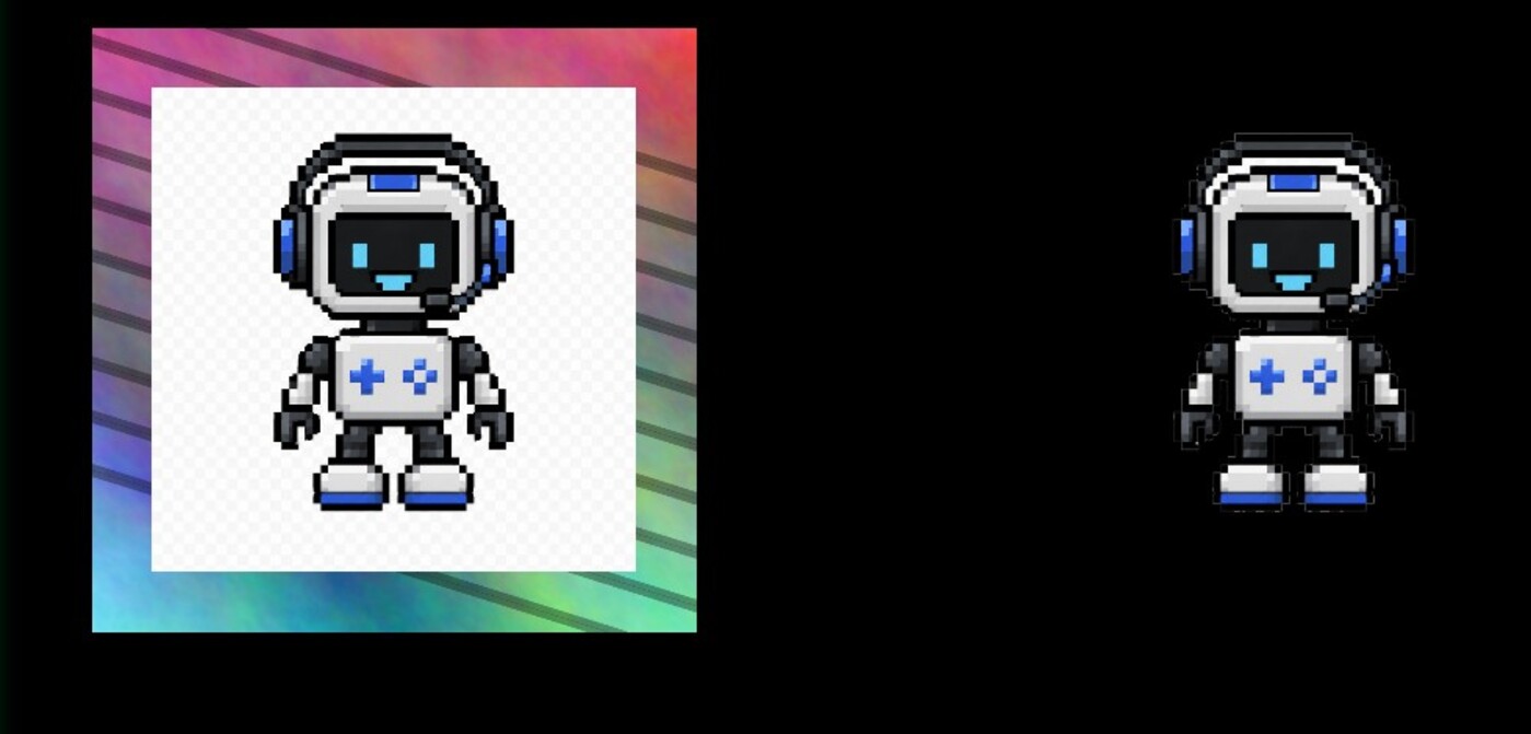 Before and after comparison of a robot image: the left version keeps its background, the right version shows only the cutout subject
