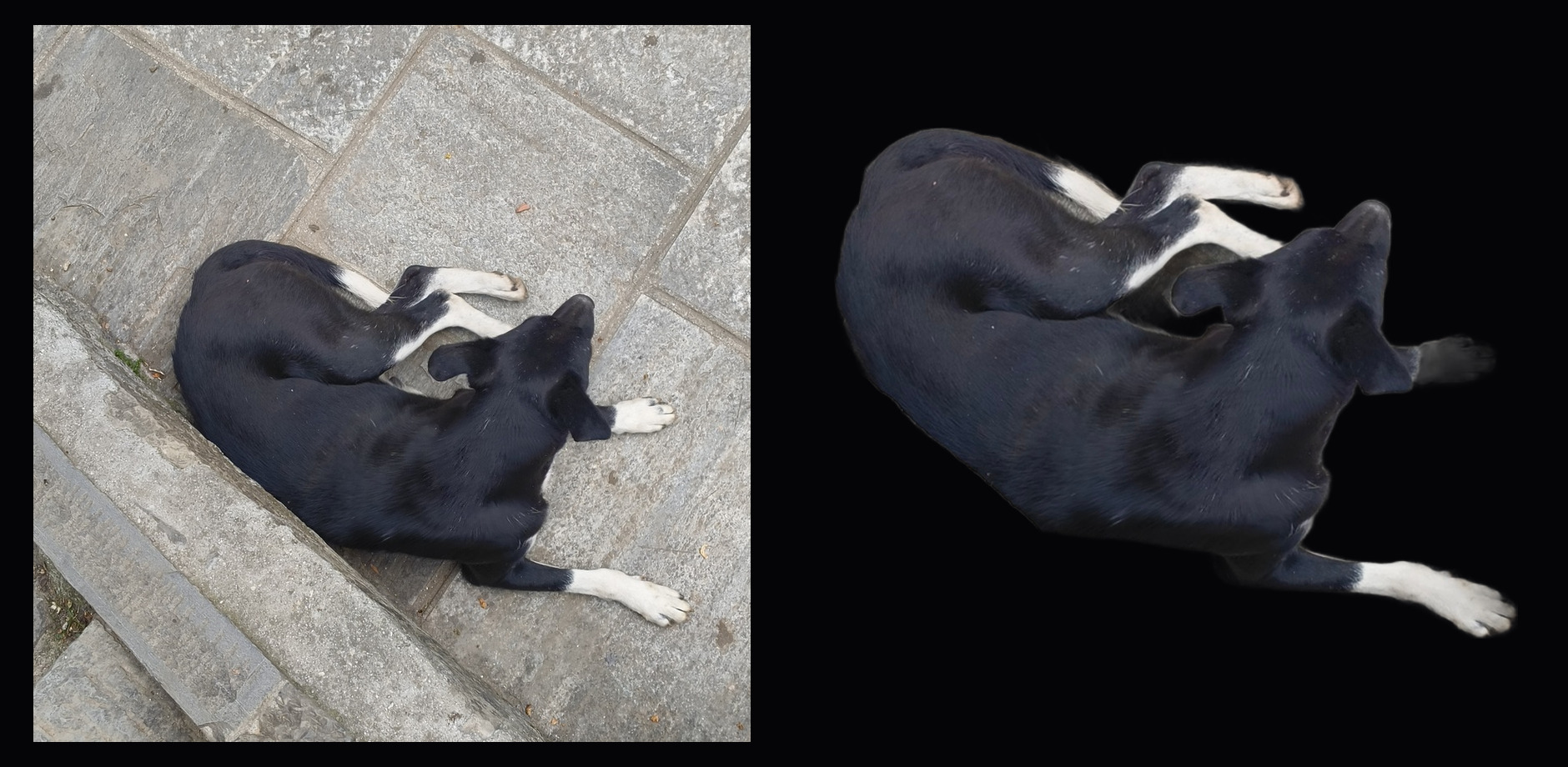 Before and after comparison of a black subject on stone pavement with the background removed
