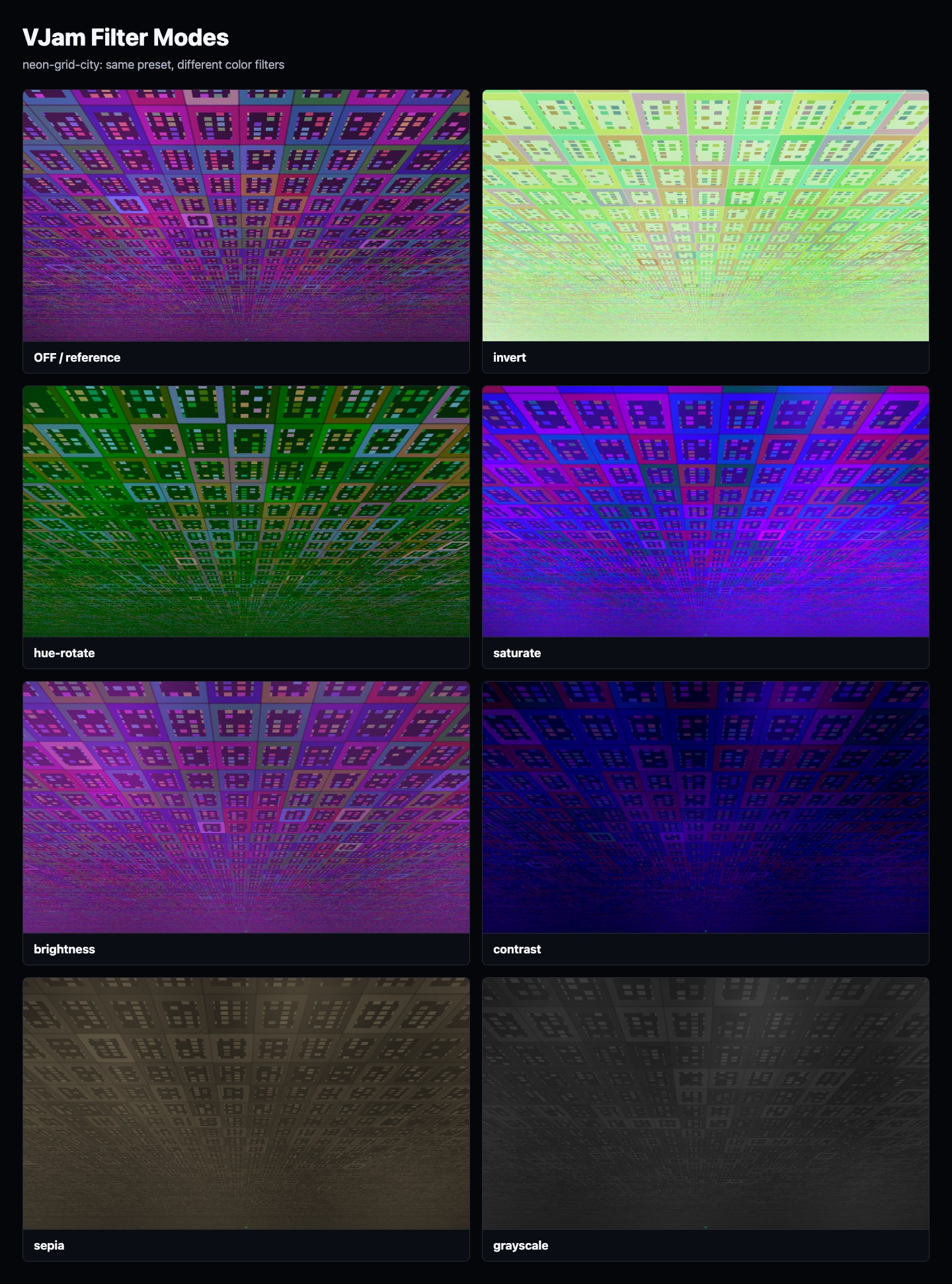 neon-grid-city に OFF、invert、hue-rotate、saturate、brightness、contrast、sepia、grayscale をかけた比較画像