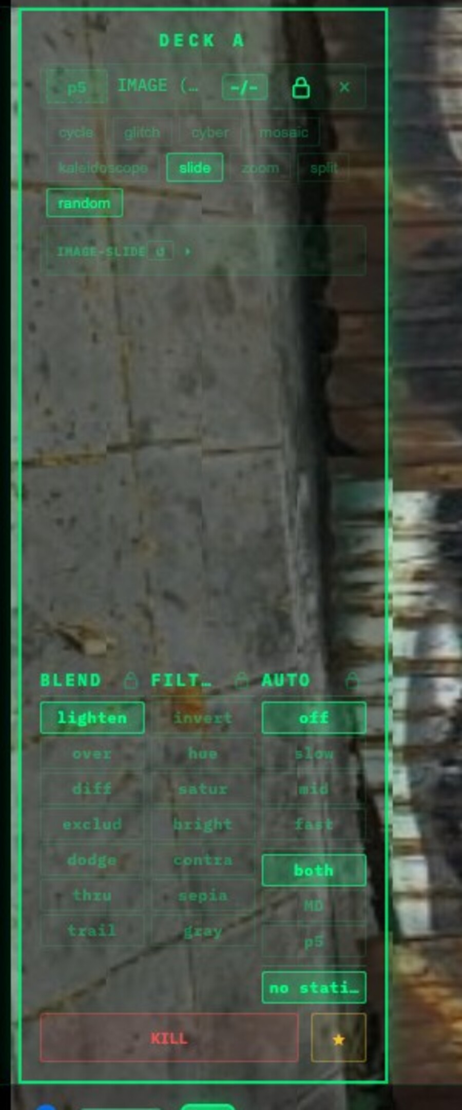 Close-up of Deck A with IMAGE layer controls, image styles, random, lock, delete, BLEND, FILTER, and AUTO