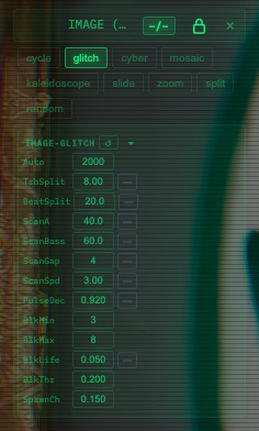 Close-up of IMAGE style controls with the glitch detail panel open, showing Auto, TrbSplit, BeatSplit, and ScanA parameters