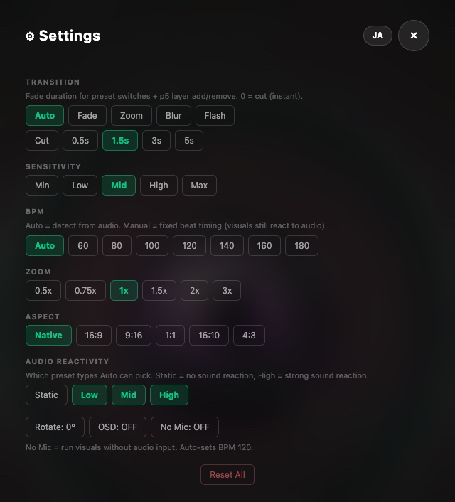 VJam's full Settings ⚙ panel — Transition / Sensitivity / BPM / Zoom / Aspect / Audio Reactivity / Rotate-OSD-No Mic / Reset All