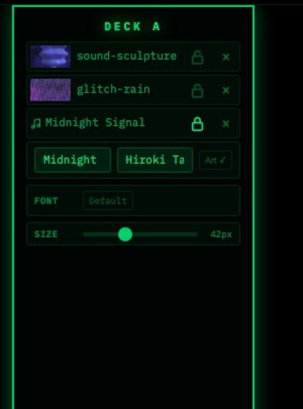 NOW PLAYING の曲情報レイヤー操作部を拡大したスクリーンショット。Title、Artist、Art、Font、Size を編集できる