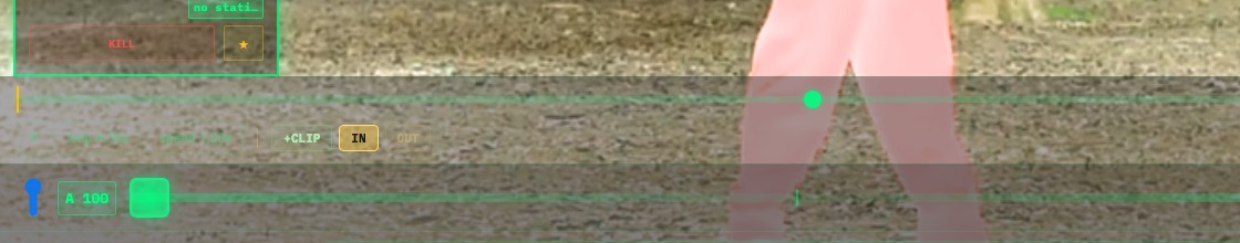 Close-up of the video progress bar with +CLIP, IN, and OUT controls